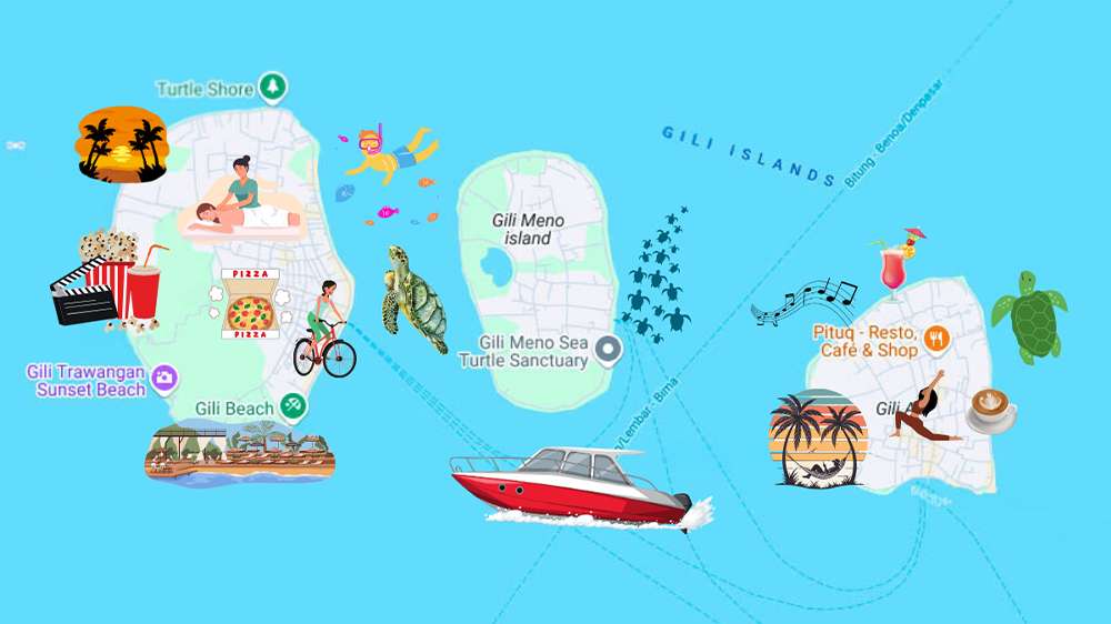 Gili islands map, indonesia
