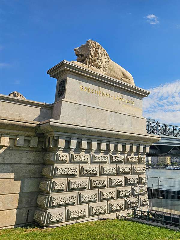 chain bridge, lion statue, budapest, hungary