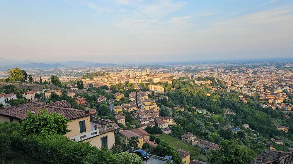 View of Cita alta and Cita Bassa from San Viglio in Bergamo, Italy